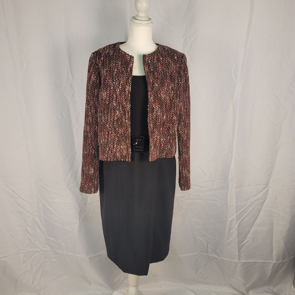 Nine West Suit Dress Set Size 10 Black Sheath Dress Tweed Cropped Blazer Belted